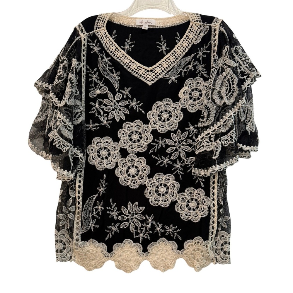 Anneliese Women's Floral Embroidered Crochet Lace Ruffle Sleeve Blouse Black M
